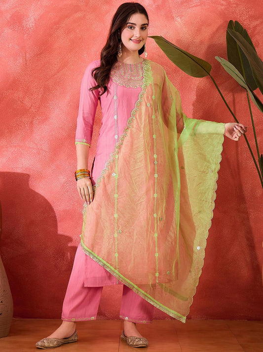 Dhiyona SN Women's Zari Sequence Embroidered Straight Kurta & Trouser With Dupatta