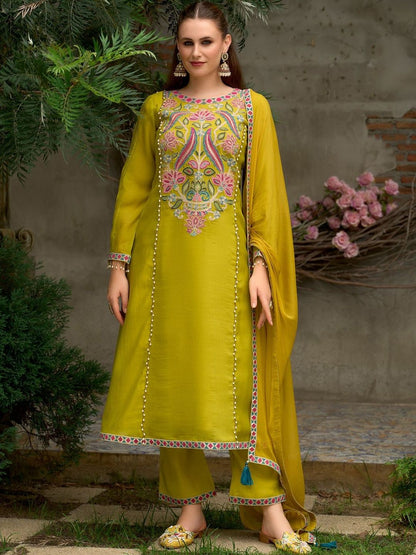 Floral Embroidered A-Line Round Neck Beads & Stones Kurta With Trousers & Dupatta