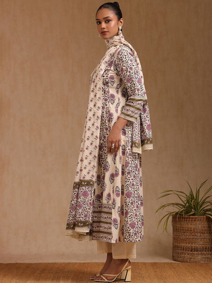 Dhiyona SO Women's Women Floral Printed Regular Mirror Work Pure Cotton Kurta with Trousers & Dupatta