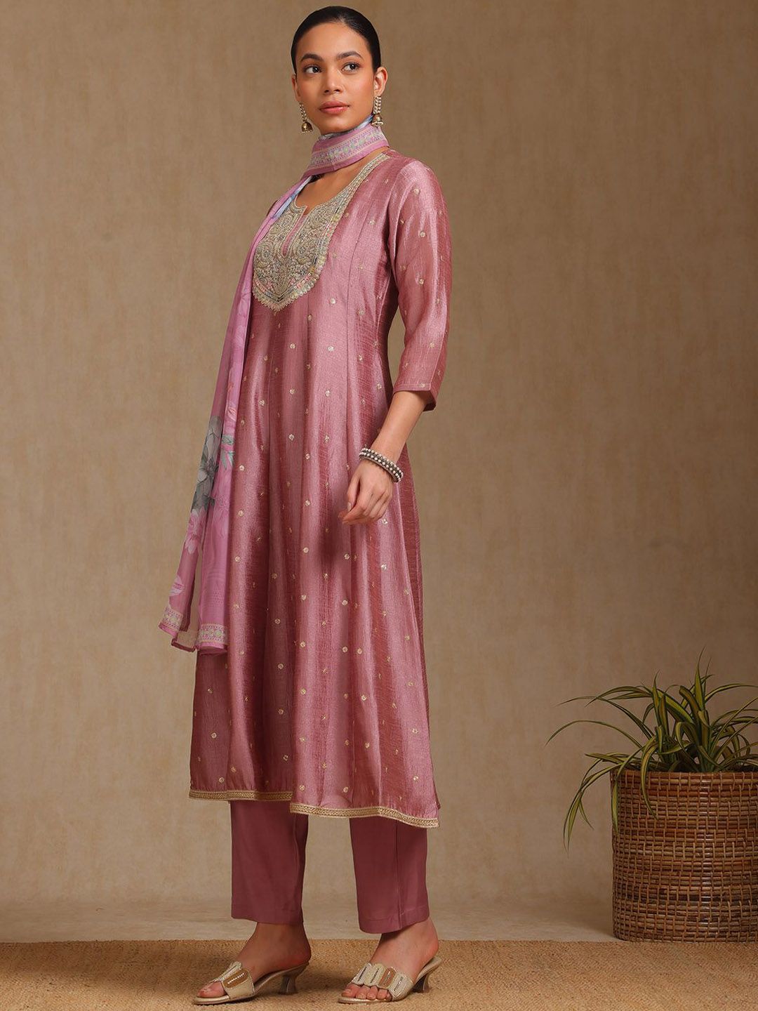 Dhiyona SO Women's Ethnic Motifs Woven Design Zardozi Round Neck Anarkali Kurta With Trousers & Dupatta