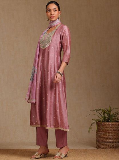 Dhiyona SO Women's Ethnic Motifs Woven Design Zardozi Round Neck Anarkali Kurta With Trousers & Dupatta