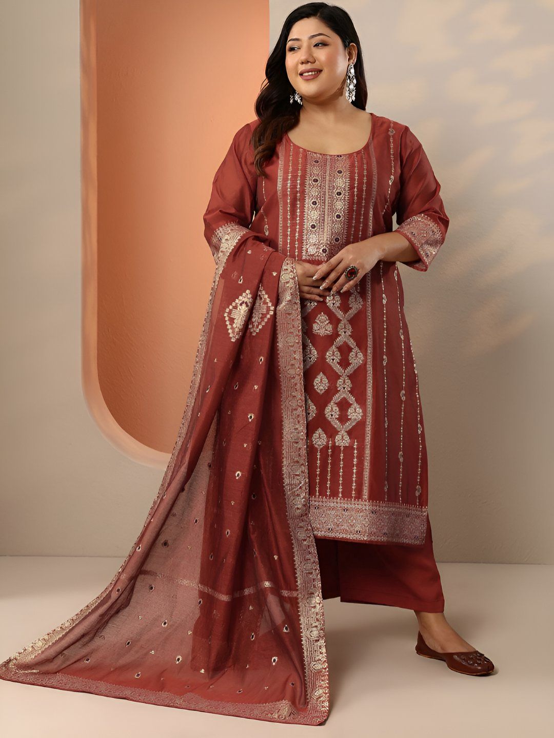 Dhiyona Women's Plus Size Ethnic Motifs Embroidered Kurta with Trousers & Dupatta
