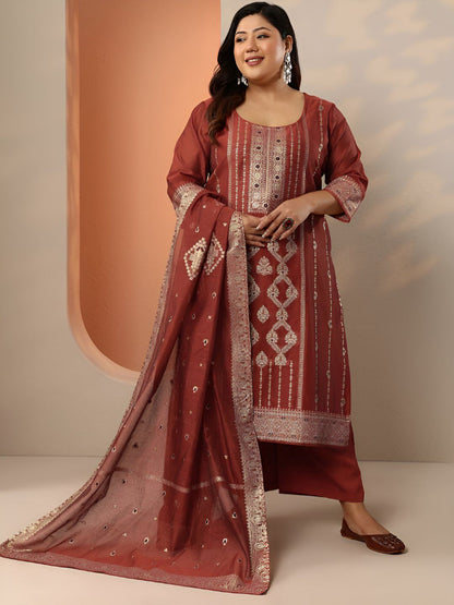 Dhiyona Women's Plus Size Ethnic Motifs Embroidered Kurta with Trousers & Dupatta