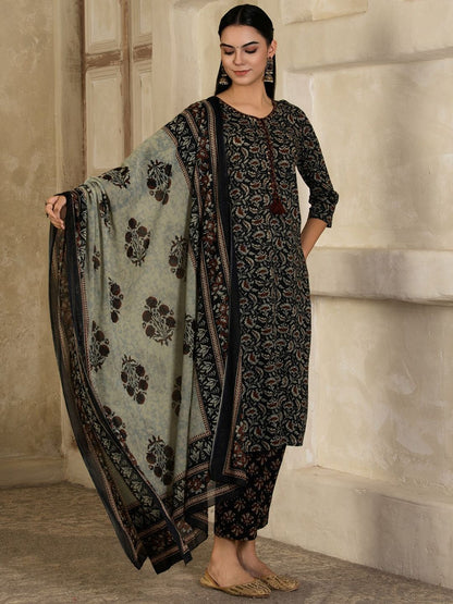 Dhiyona SN Women's Floral Printed Cotton Kurta with Trousers & Dupatta