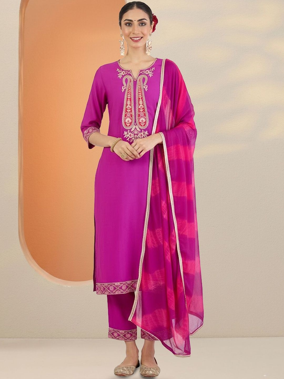Dhiyona IE Women Ethnic Motifs Embroidered Regular Thread Work Kurta with Trousers & With Dupatta