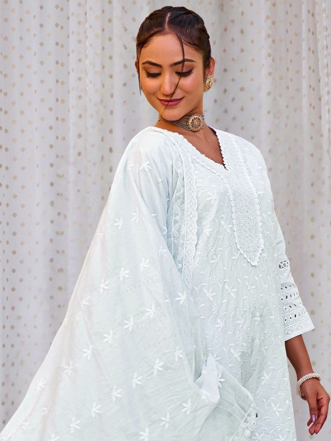 Women Ethnic Motifs Embroidered Regular Chikankari Pure Cotton Kurta with Trousers & With Dupatta