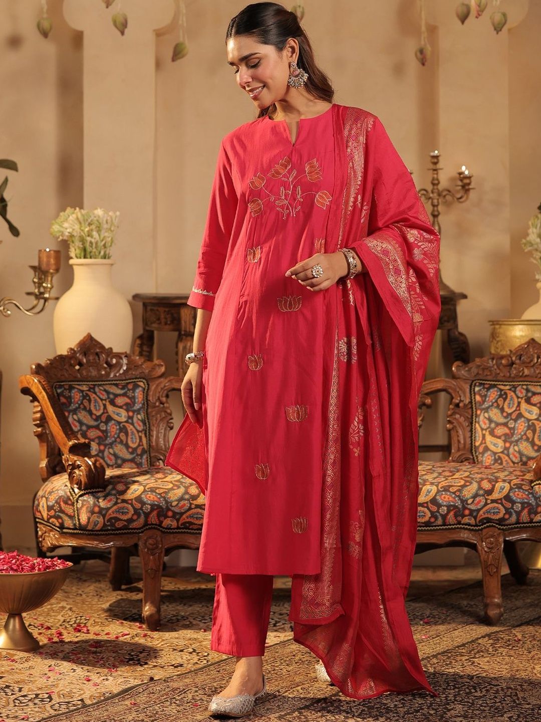 Floral Embroidered Notch Neck Panelled A-Line Kurta & Trousers With Dupatta