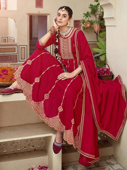 Dhiyona CH Women Woven Design Embroidered Anarkali Kurta with Trousers & Dupatta