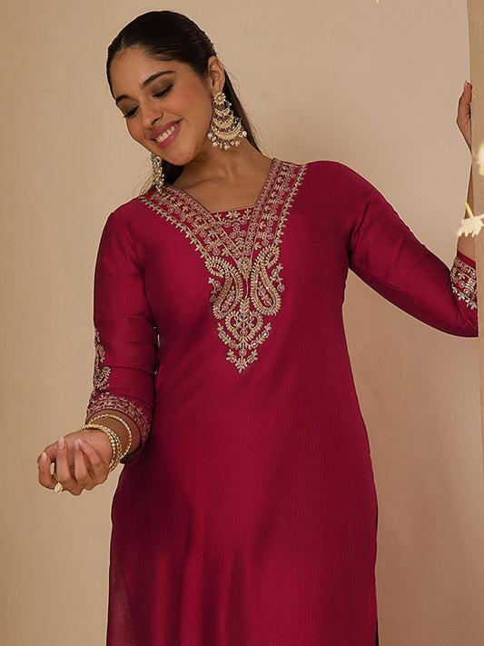 Dhiyona IE Women's Women Ethnic Motifs Embroidered Regular Liva Straight Kurta with Trousers