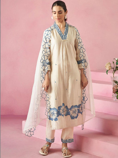 Women Floral Embroidered Regular Thread Work Kurta with Trousers & With Dupatta