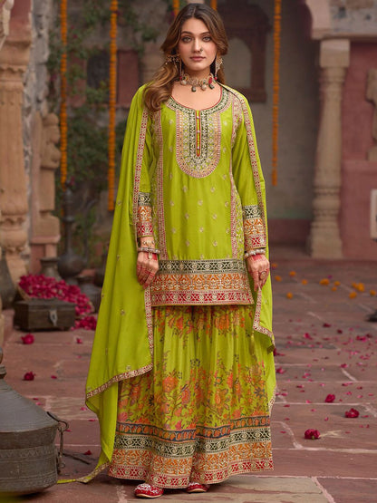 Dhiyona IE Floral Embroidered Sequinned Chinon Straight Kurta With Sharara & Dupatta