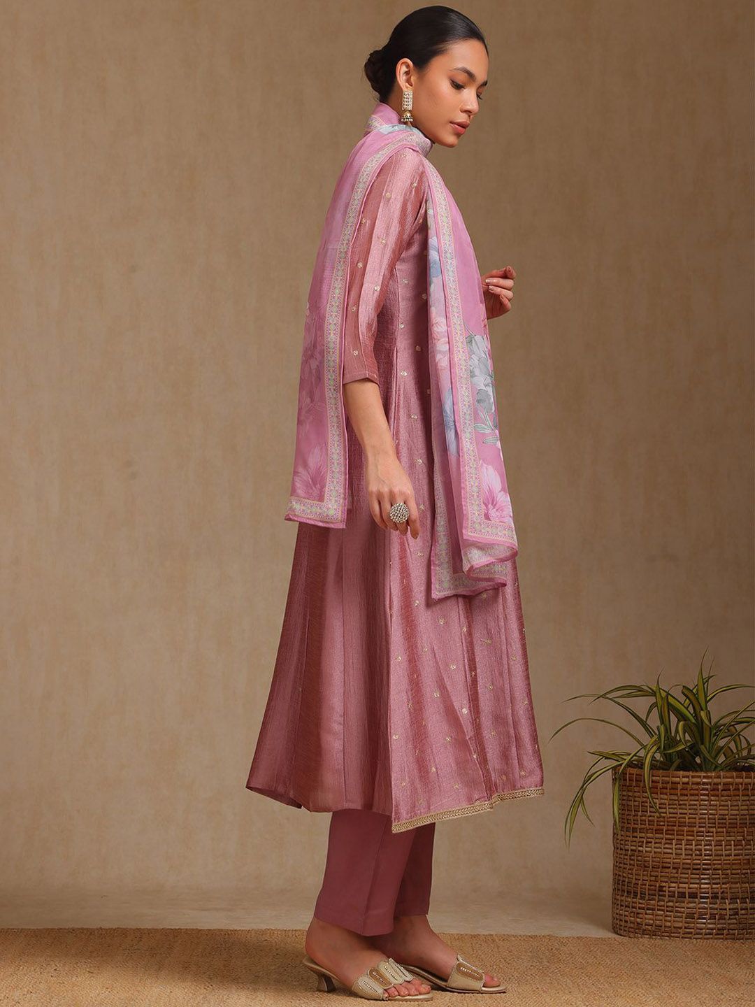 Dhiyona SO Women's Ethnic Motifs Woven Design Zardozi Round Neck Anarkali Kurta With Trousers & Dupatta