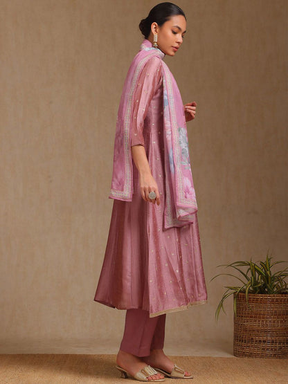 Dhiyona SO Women's Ethnic Motifs Woven Design Zardozi Round Neck Anarkali Kurta With Trousers & Dupatta