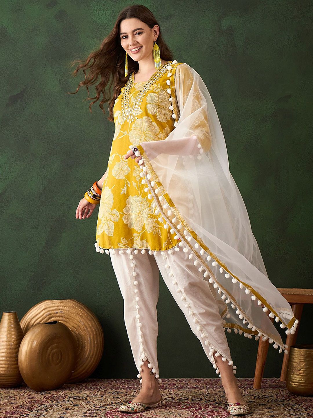 Dhiyona SN Women's Blue Floral Printed Mirror Work Pure Cotton Kurta With Dhoti Pant & Dupatta