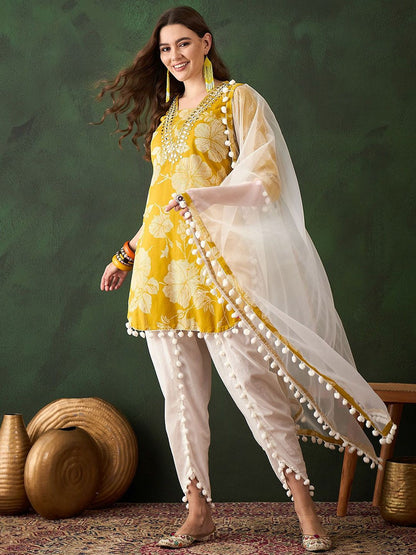 Dhiyona SN Women's Blue Floral Printed Mirror Work Pure Cotton Kurta With Dhoti Pant & Dupatta