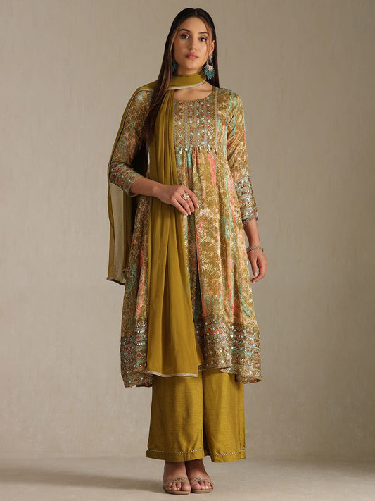 Dhiyona SO Women's Women Ethnic Motifs Printed A-Line Kurta with Palazzos & Dupatta