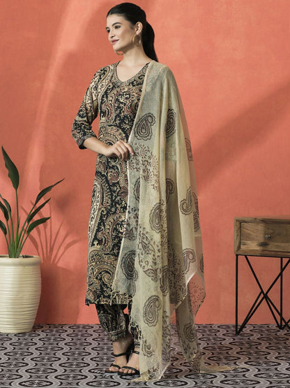 Dhiyona SN Women's Paisley Printed V-Neck Beaded Pure Cotton Straight Kurta With Salwar And Dupatta