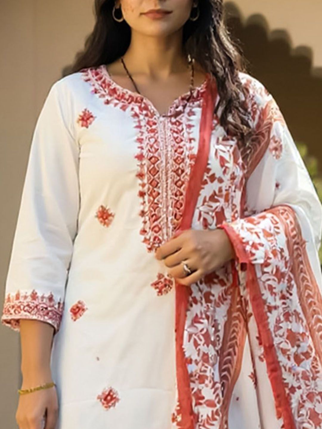 Floral Embroidered Pure Cotton Kurta With Trousers & Dupatta