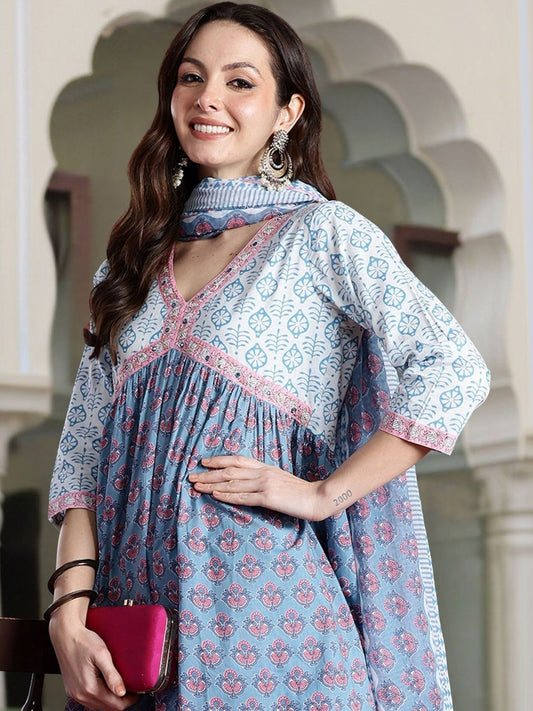 Women Ethnic Motifs Printed Empire Beads and Stones Pure Cotton Kurta with Trousers & With Dupatta