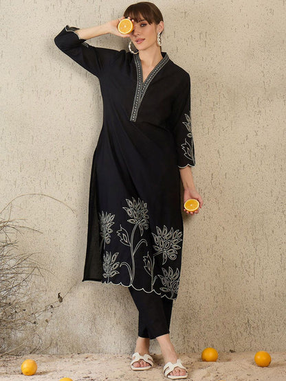 Dhiyona IE Women Embroidered V-Neck Cotton Top and Trousers Co-Ords