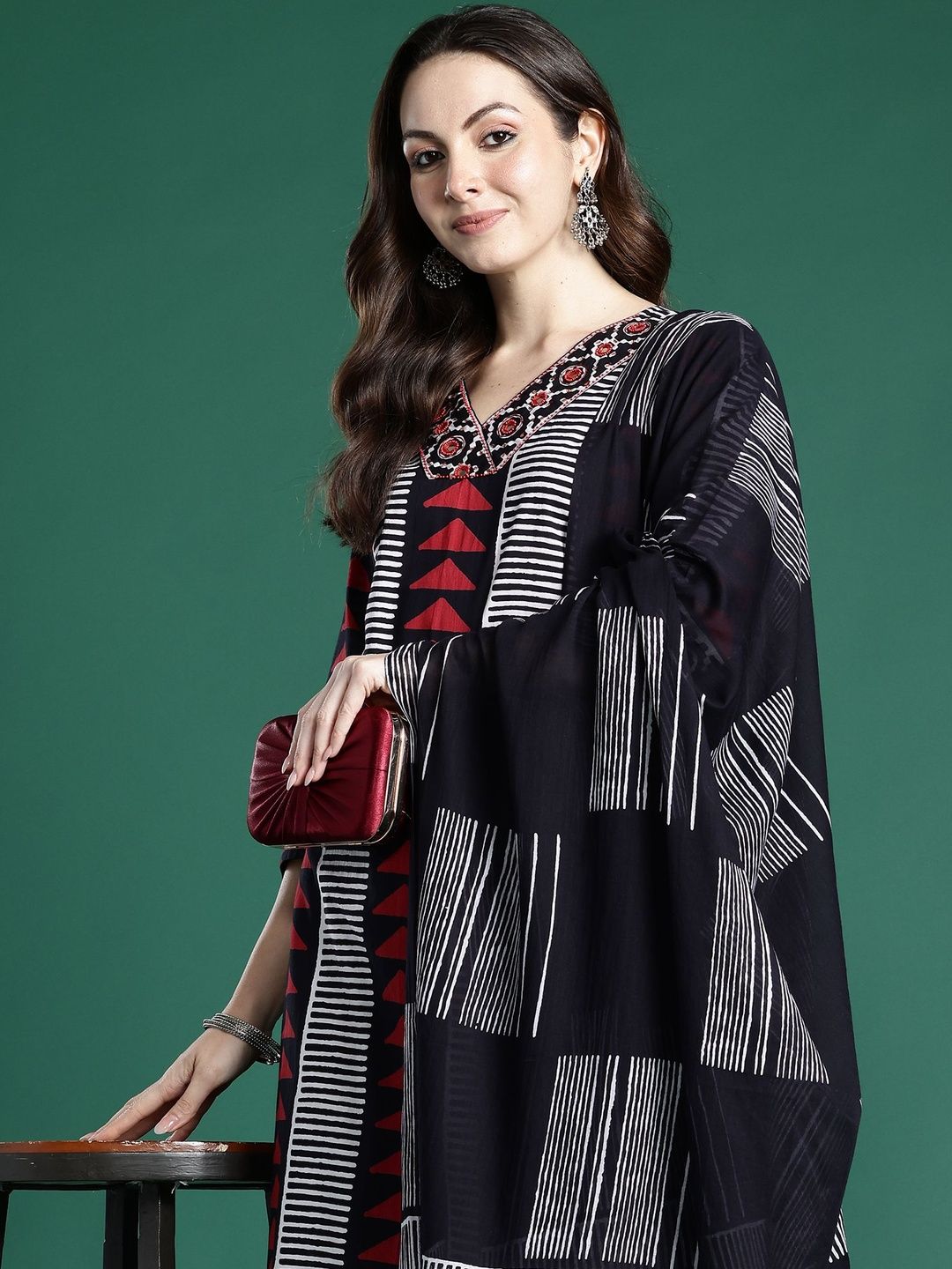 Geometric Printed Straight Pure Cotton Kurta With Trouser And Dupatta