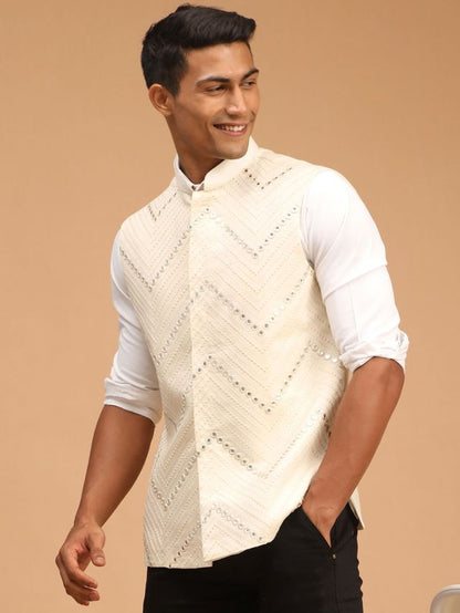 Men's Cream Viscose Straight Nehru Jacket