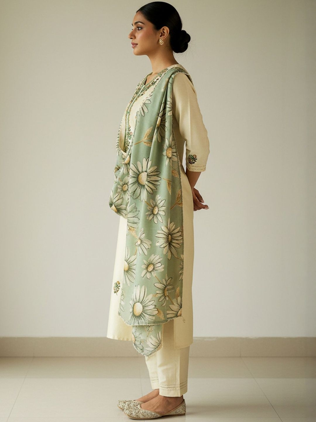Floral Embroidered Regular Thread Work Kurta With Trousers & Dupatta