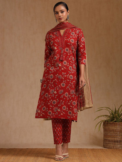 Dhiyona SO Women's Floral Printed Sequinned Straight Kurta with Trouser & Dupatta