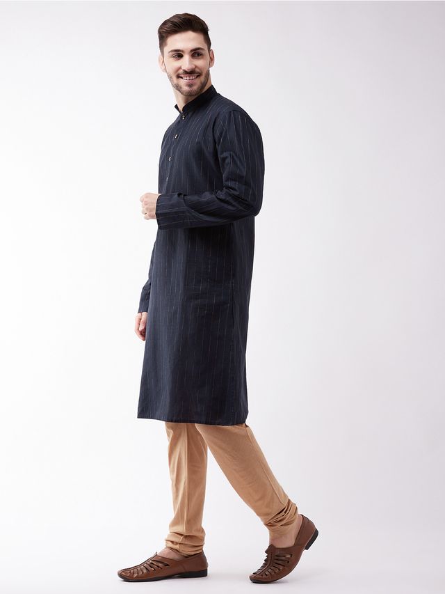 Men's Navy Blue Cotton Blend Straight Kurta Pyjama Set