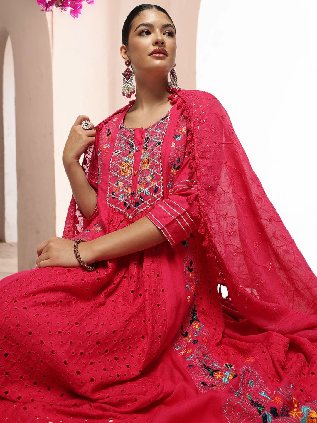 Dhiyona IS Women's Embroidered Thread Work Round Neck A-Line Kurta with Trousers & Dupatta