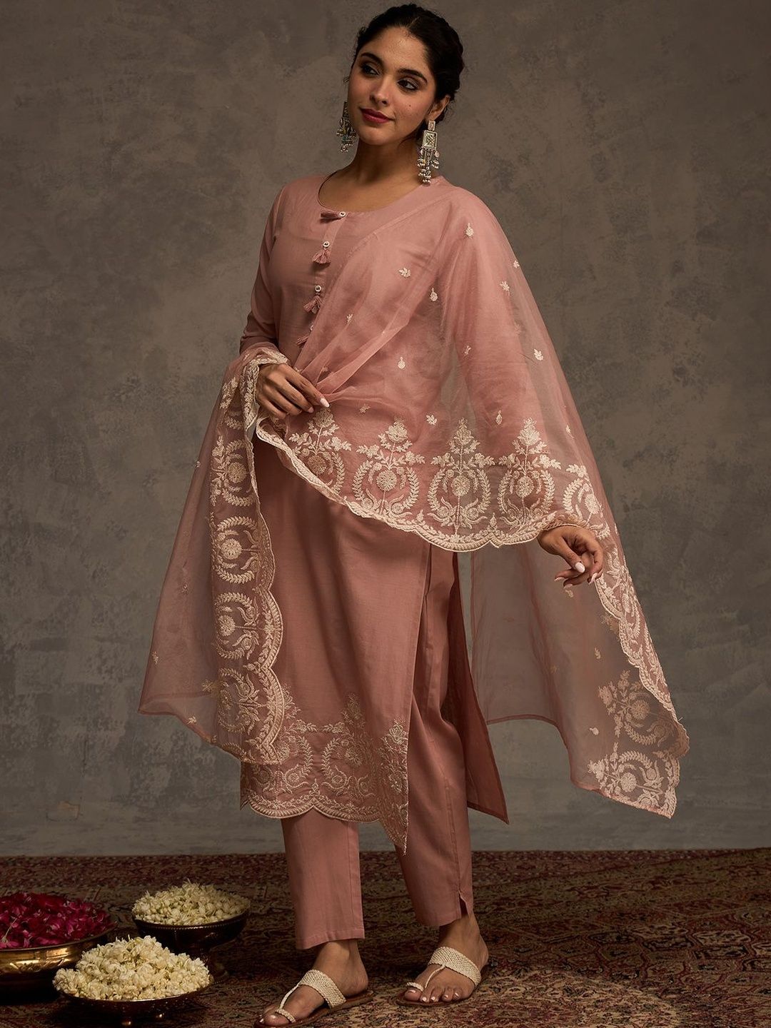 Floral Embroidered Thread Work Pure Cotton Straight Kurta & Trousers With Dupatta