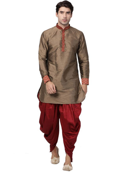 Men's Maroon Silk Blend Pathani Kurta and Dhoti Set