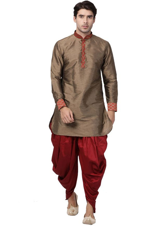 Men's Maroon Silk Blend Pathani Kurta and Dhoti Set