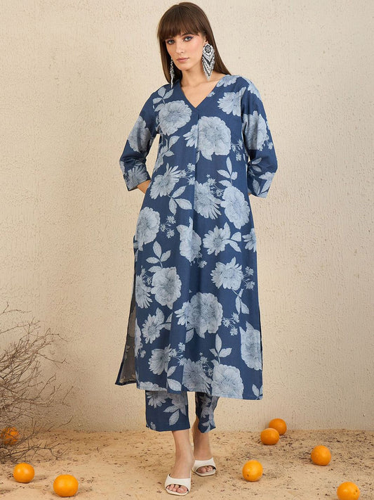 Dhiyona IE Floral Printed Pleated V Neck Straight Kurta With Trousers
