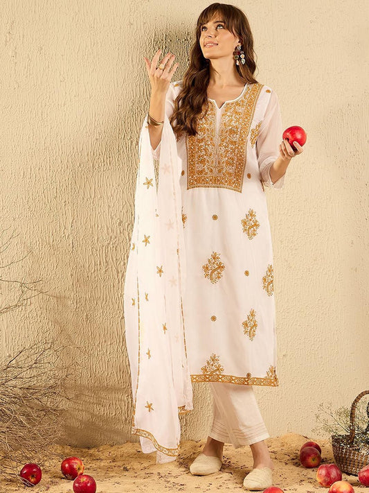 Dhiyona IE White Floral Embroidered Notch Neck Organza Kurta with Trousers & Dupatta