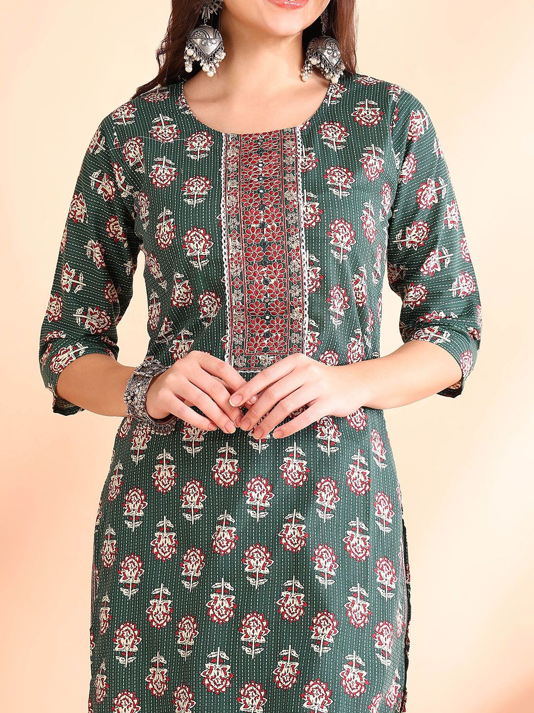 Dhiyona OD  Printed Mirror Work Pure Cotton Kurta With Trousers & Dupatta