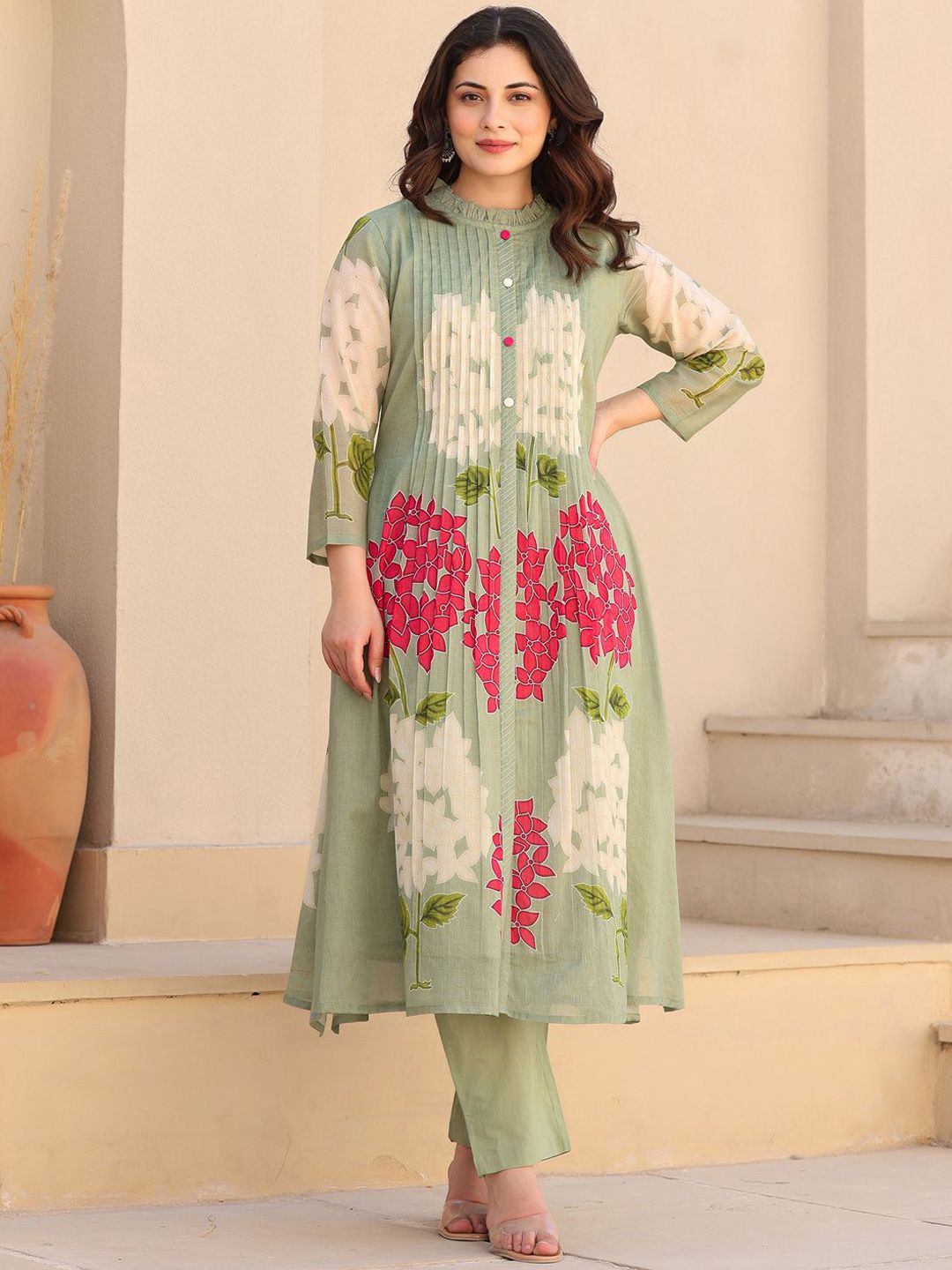 Dhiyona IE Floral Printed Pure Cotton Mandarin Collar Tunic With Trousers