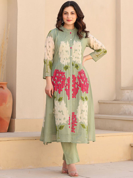 Dhiyona IE Floral Printed Pure Cotton Mandarin Collar Tunic With Trousers
