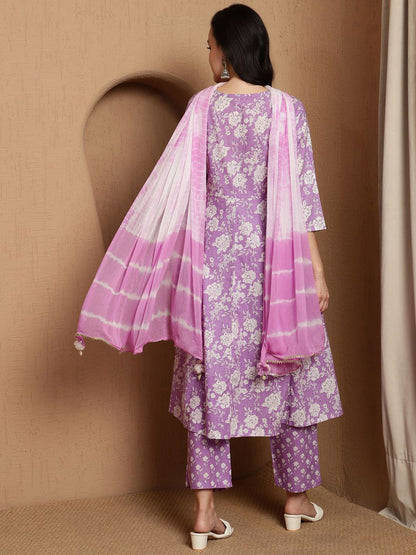Dhiyona SN Women's Floral Printed Notch Neck Pure Cotton Anarkali Kurta & Trousers With Dupatta
