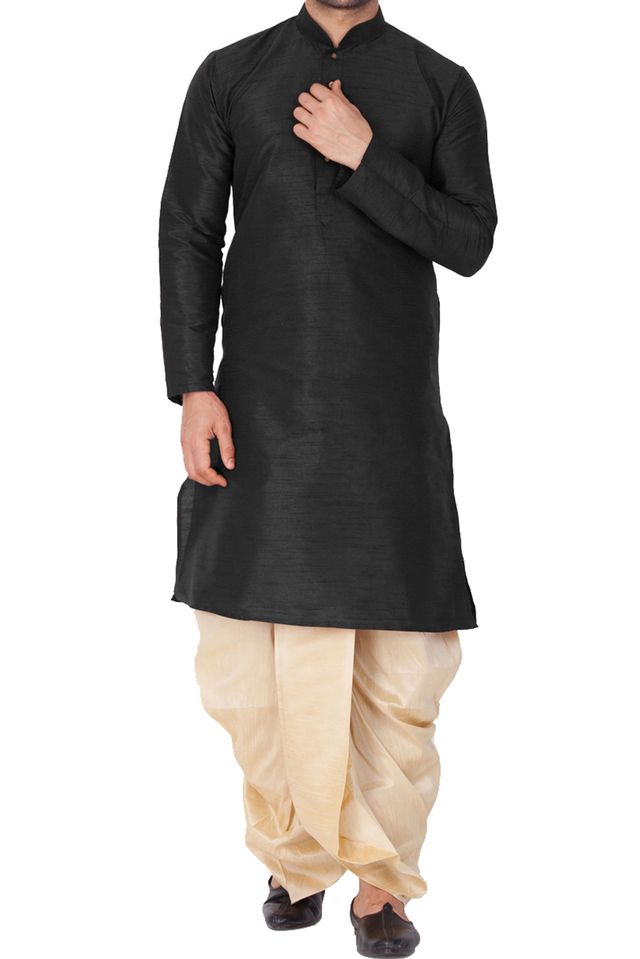 Men's Black Silk Blend Straight Kurta and Dhoti Set