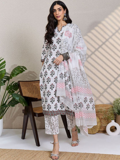 Women Floral Printed Cotton Kurta with Trousers & Dupatta