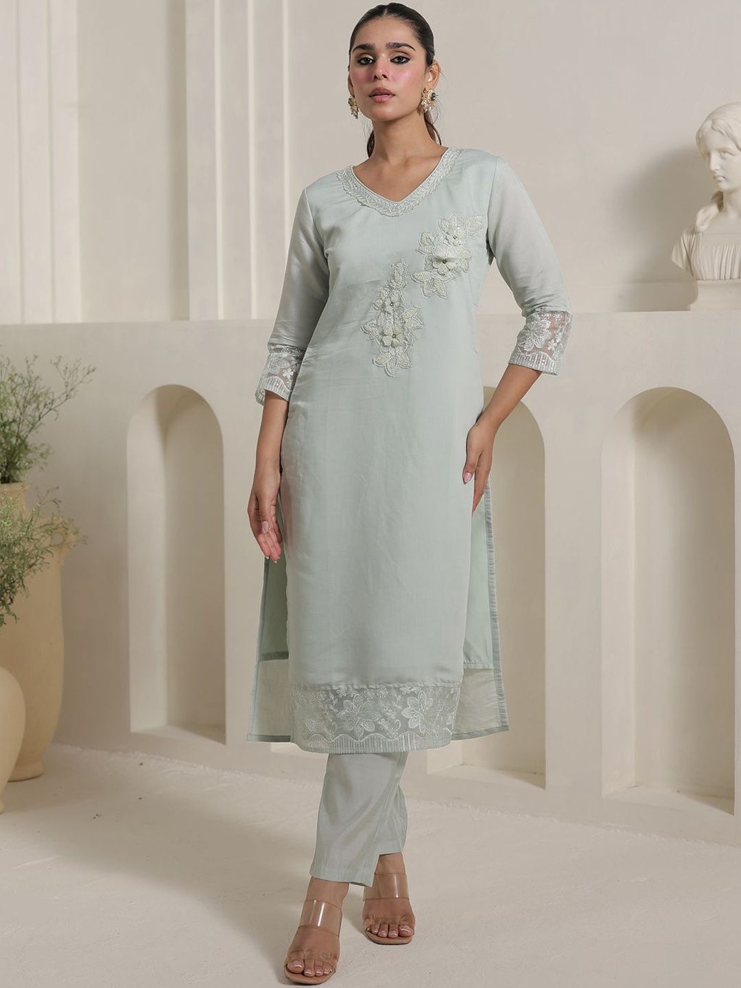 Women Floral Embroidered Beads and Stones Kurta with Trousers & Dupatta