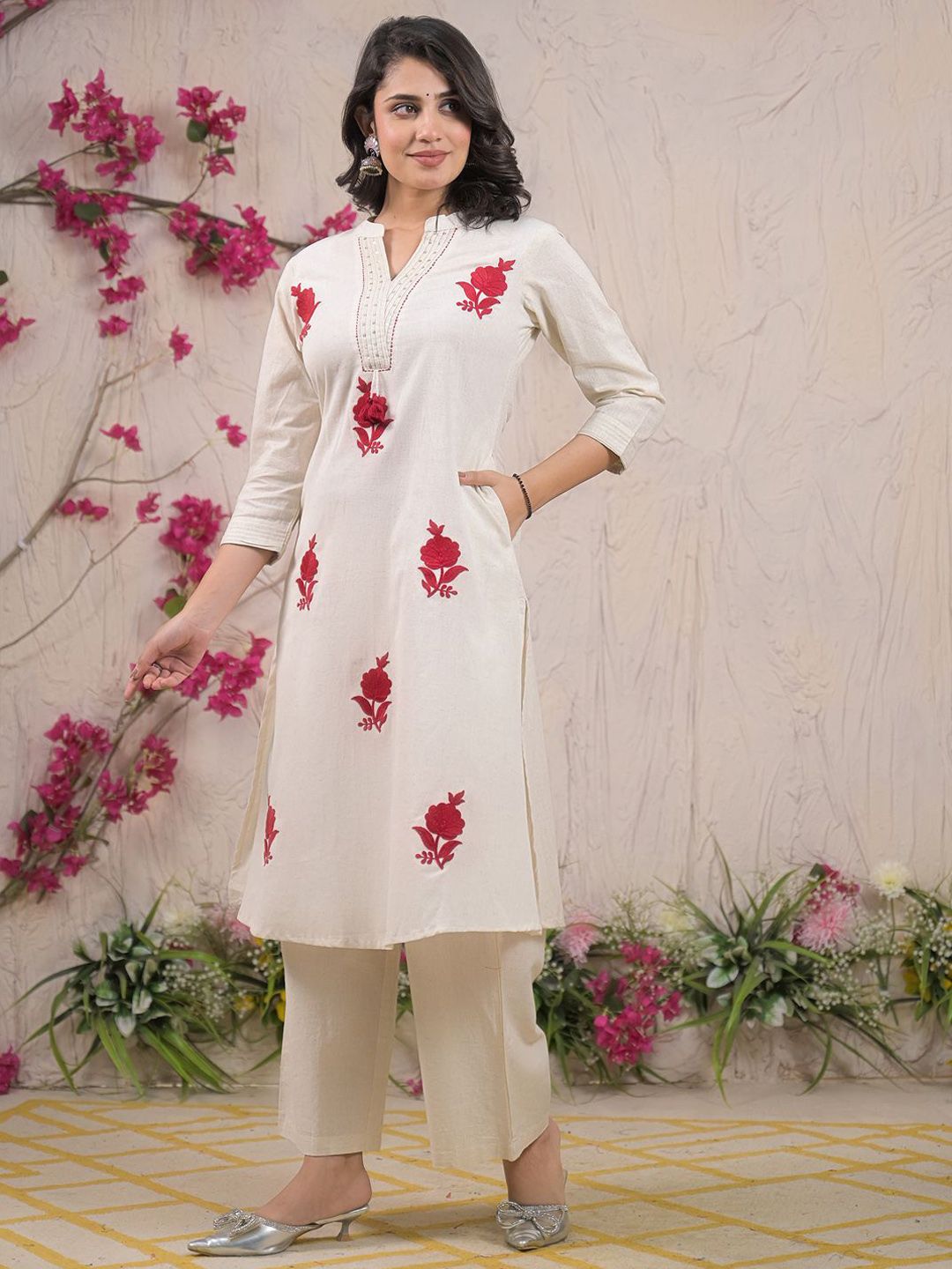 Floral Embroidered Thread Work Pure Cotton A-Line Kurta With Palazzos
