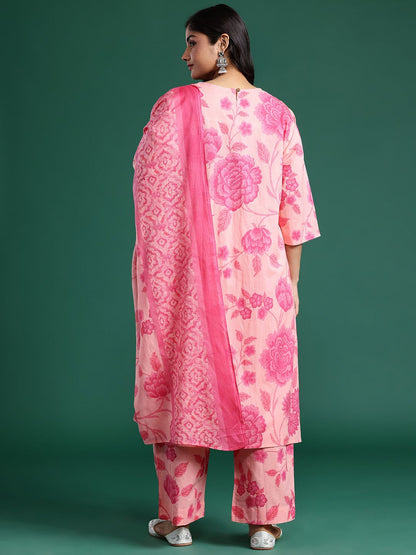 Floral Print Pure Cotton Kurta with Trousers & Dupatta