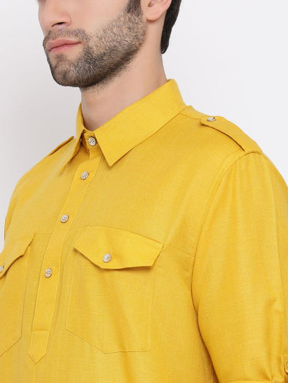 Men's Mustard Cotton Blend Pathani Pathani Kurta Set