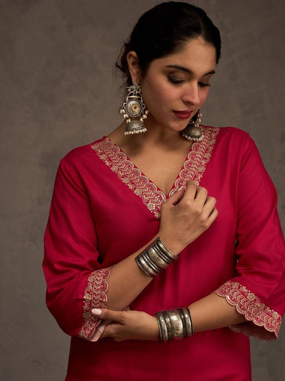 Embroidered Viscose Rayon Straight Thread Work Kurta With Trousers