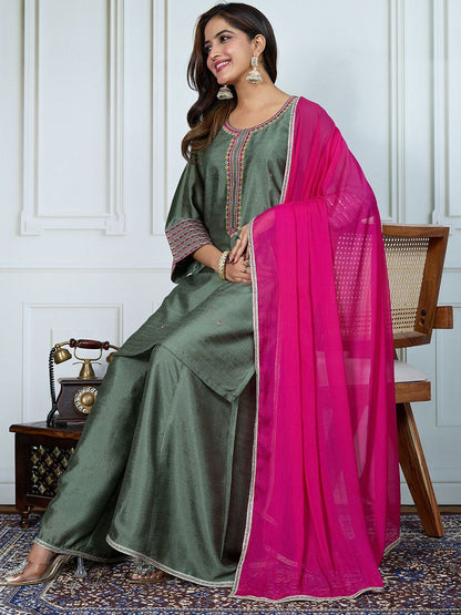 Dhiyona PD Women Women Embroidered Straight Kurta With Trousers & Dupatta