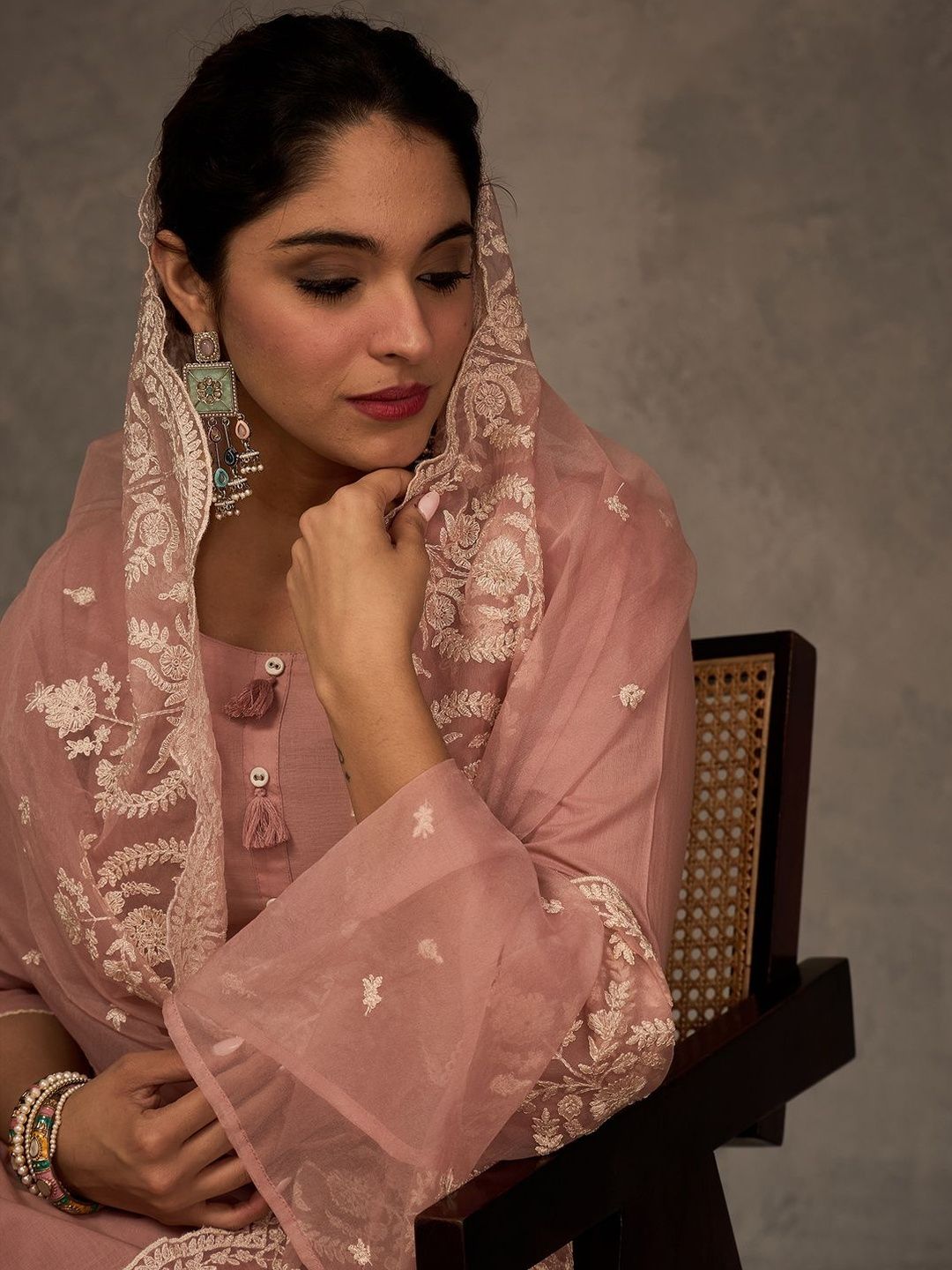 Women Ethnic Motifs Embroidered Cotton Kurta with Trousers & Dupatta