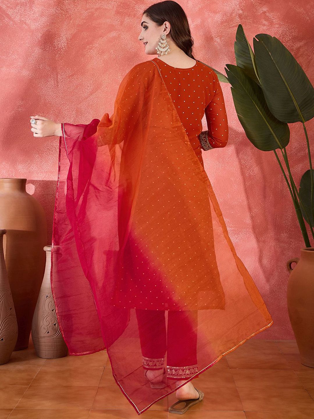 Dhiyona SN Women's Polka Dots Printed V-Neck Thread Work Georgette Kurta With Trousers & Dupatta
