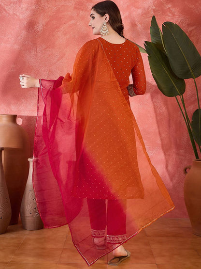 Dhiyona SN Women's Polka Dots Printed V-Neck Thread Work Georgette Kurta With Trousers & Dupatta